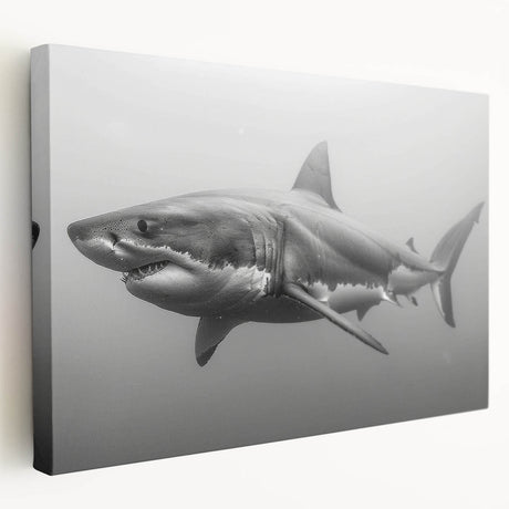 Stretched canvas wall art showcasing a vibrant marine life shark design, featuring shades of blue and green, perfect for ocean-themed decor.