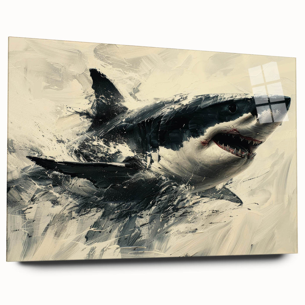 Acrylic wall art featuring a detailed side view design of a shark, showcasing vibrant blues and greens, perfect for marine life enthusiasts and ocean decor.