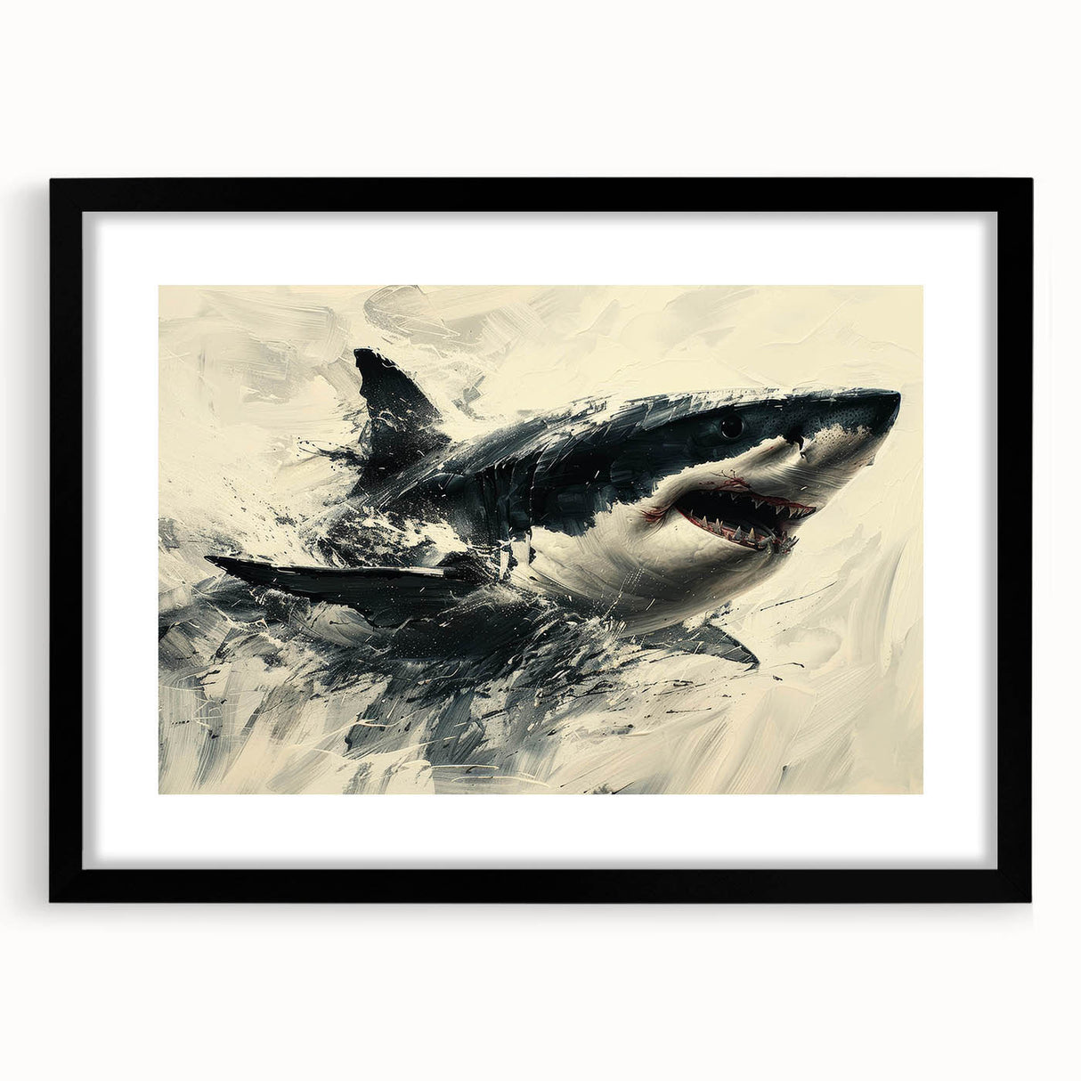 Black-framed wall art featuring a striking marine life design with a shark motif, ideal for ocean-themed decor, showcasing intricate details and vibrant colors. Perfect for adding a touch of aquatic elegance to any space.