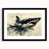 Black-framed wall art featuring a striking marine life design with a shark motif, ideal for ocean-themed decor, showcasing intricate details and vibrant colors. Perfect for adding a touch of aquatic elegance to any space.