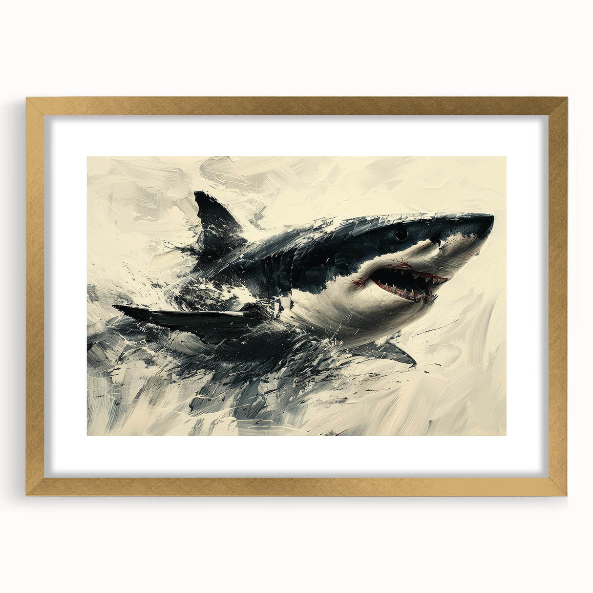 Elegant gold-framed wall art featuring a striking shark design, perfect for marine life enthusiasts, set against a soft mat background, ideal for home decor.