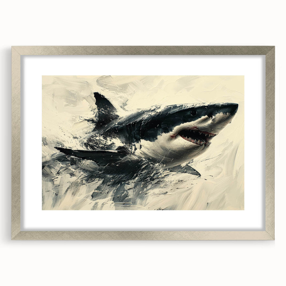 Framed wall art featuring a vibrant marine life design showcasing a shark, complete with a silver mat and frame, ideal for ocean-themed decor.