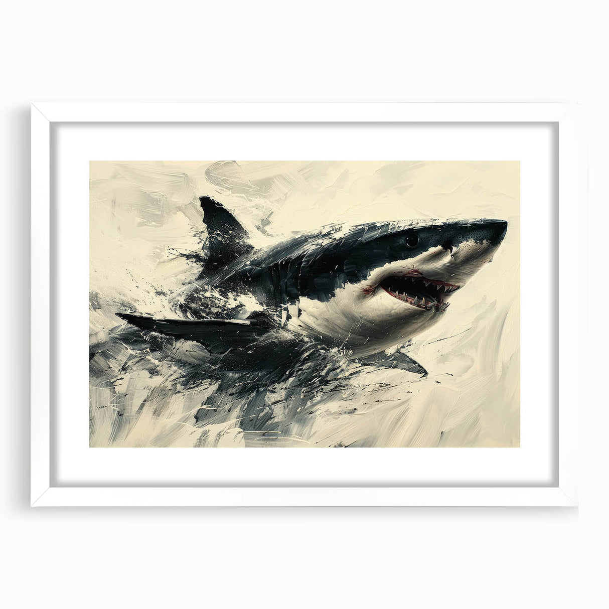 Stylish white-framed wall art featuring a vibrant marine life shark design, perfect for ocean-themed decor. Ideal for enhancing living spaces with a touch of nature.