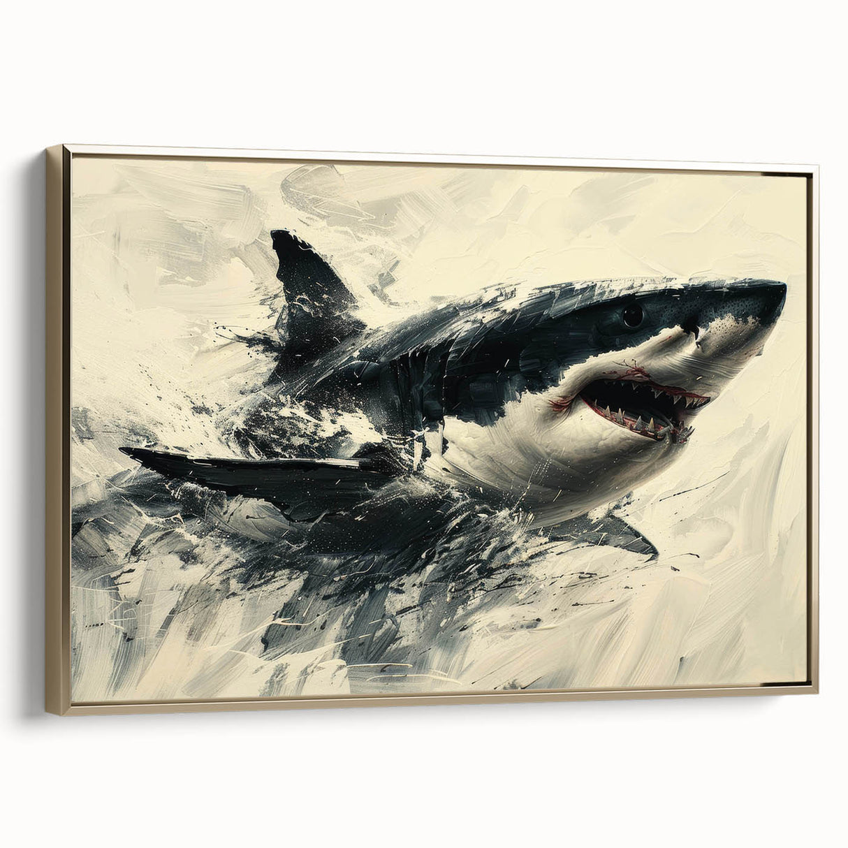 Framed wall art canvas showcasing a vibrant shark design with gold accents, perfect for marine life enthusiasts, adding elegance to any decor.
