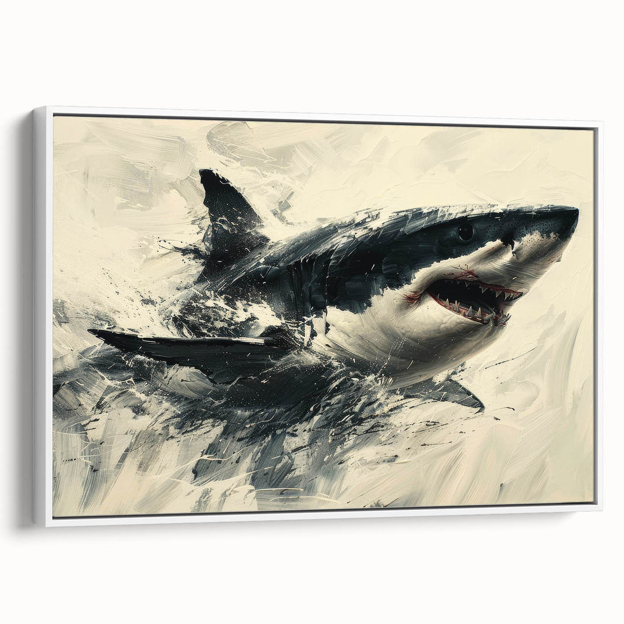 Framed canvas wall art showcasing a sleek shark design in a minimalist style, featuring a white background to enhance marine life aesthetics, perfect for ocean-themed decor.