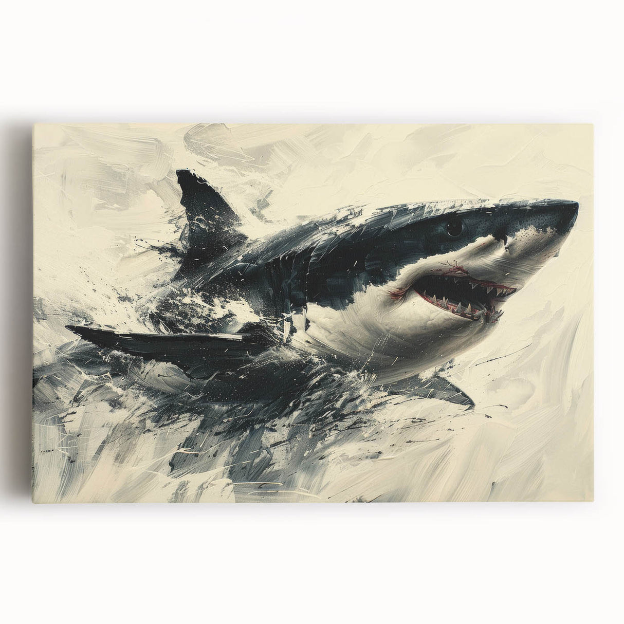 Vibrant marine life wall art featuring a majestic shark design on stretched canvas, showcasing intricate details and deep blue hues, perfect for ocean-themed decor.