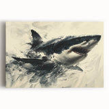 Vibrant marine life wall art featuring a majestic shark design on stretched canvas, showcasing intricate details and deep blue hues, perfect for ocean-themed decor.