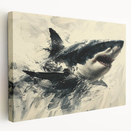 Stretched canvas wall art featuring a vibrant marine life shark design, showcasing detailed colors and textures, perfect for ocean-themed decor in homes or offices.