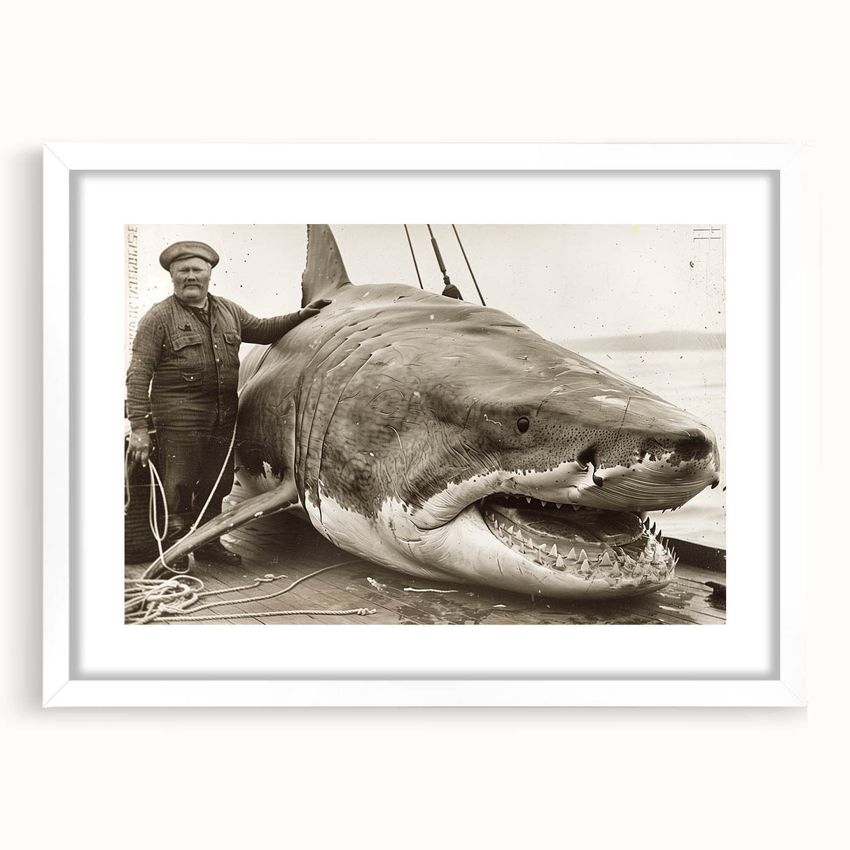 Front view of a marine life wall art collection featuring a shark design, framed with a white mat. Ideal for ocean-themed decor, showcasing vibrant colors and intricate details.