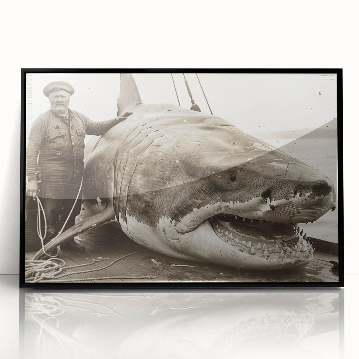 Framed wall art showcasing a striking shark design, featuring vibrant marine life colors on a sleek black background, perfect for ocean-themed decor.
