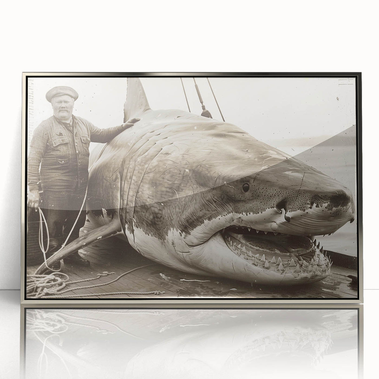 Framed wall art featuring a striking marine life design showcasing a detailed shark illustration, presented in a silver-acrylic frame, ideal for ocean-themed decor.