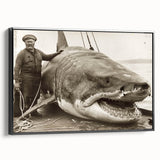 Framed canvas wall art showcasing a striking shark design, featuring vibrant marine colors and intricate detailing, perfect for ocean-themed decor.