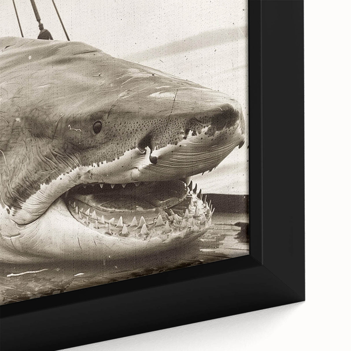Close-up of a framed canvas wall art piece featuring a vibrant shark design, showcasing intricate marine life details in blue and green hues, perfect for ocean-themed decor.