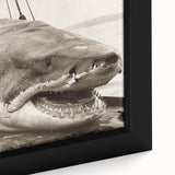 Close-up of a framed canvas wall art piece featuring a vibrant shark design, showcasing intricate marine life details in blue and green hues, perfect for ocean-themed decor.