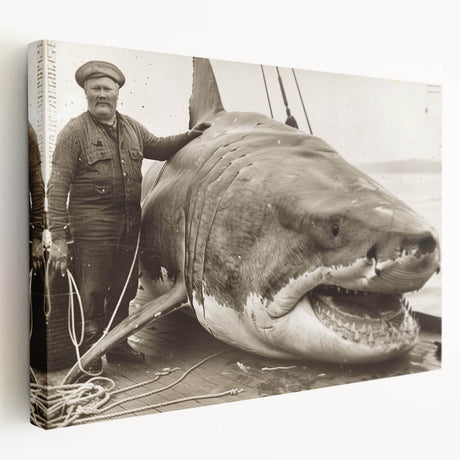 Vibrant stretched canvas wall art showcasing a detailed shark design, featuring shades of blue and gray, ideal for marine-themed decor in homes or offices.