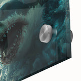 Close-up of a vibrant marine life wall art design showcasing a shark, printed on acrylic glass, highlighting intricate details and vivid colors in a modern decor setting.