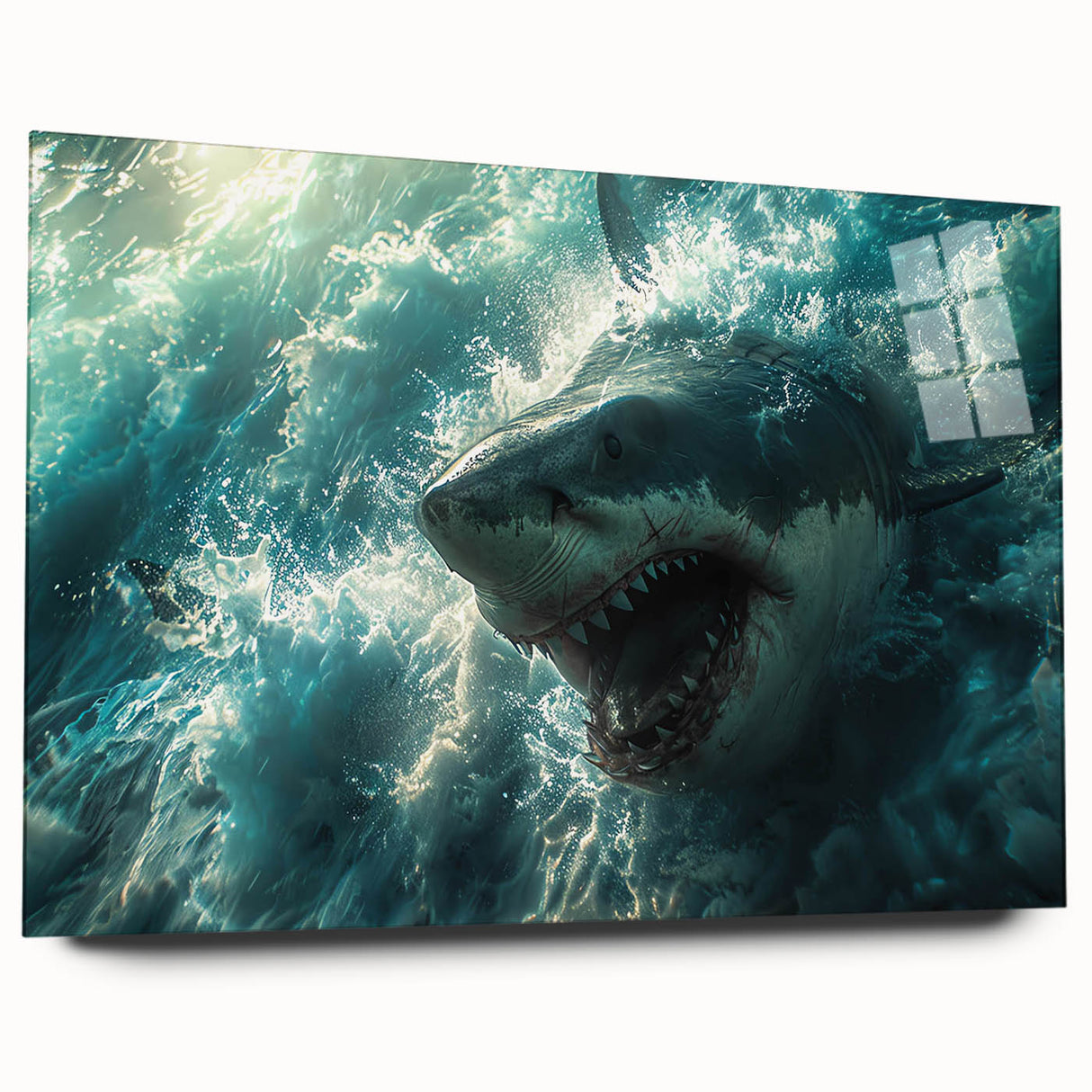 Acrylic wall art piece showcasing a side view of a marine life shark design, featuring vibrant colors and intricate details, perfect for ocean-themed decor.
