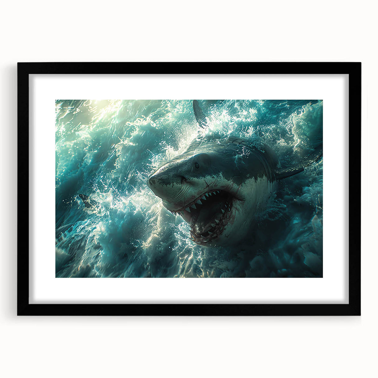 Black-framed wall art showcasing a striking marine life shark design, perfect for ocean-themed decor; features a clean mat finish and vibrant colors.