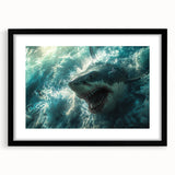 Black-framed wall art showcasing a striking marine life shark design, perfect for ocean-themed decor; features a clean mat finish and vibrant colors.
