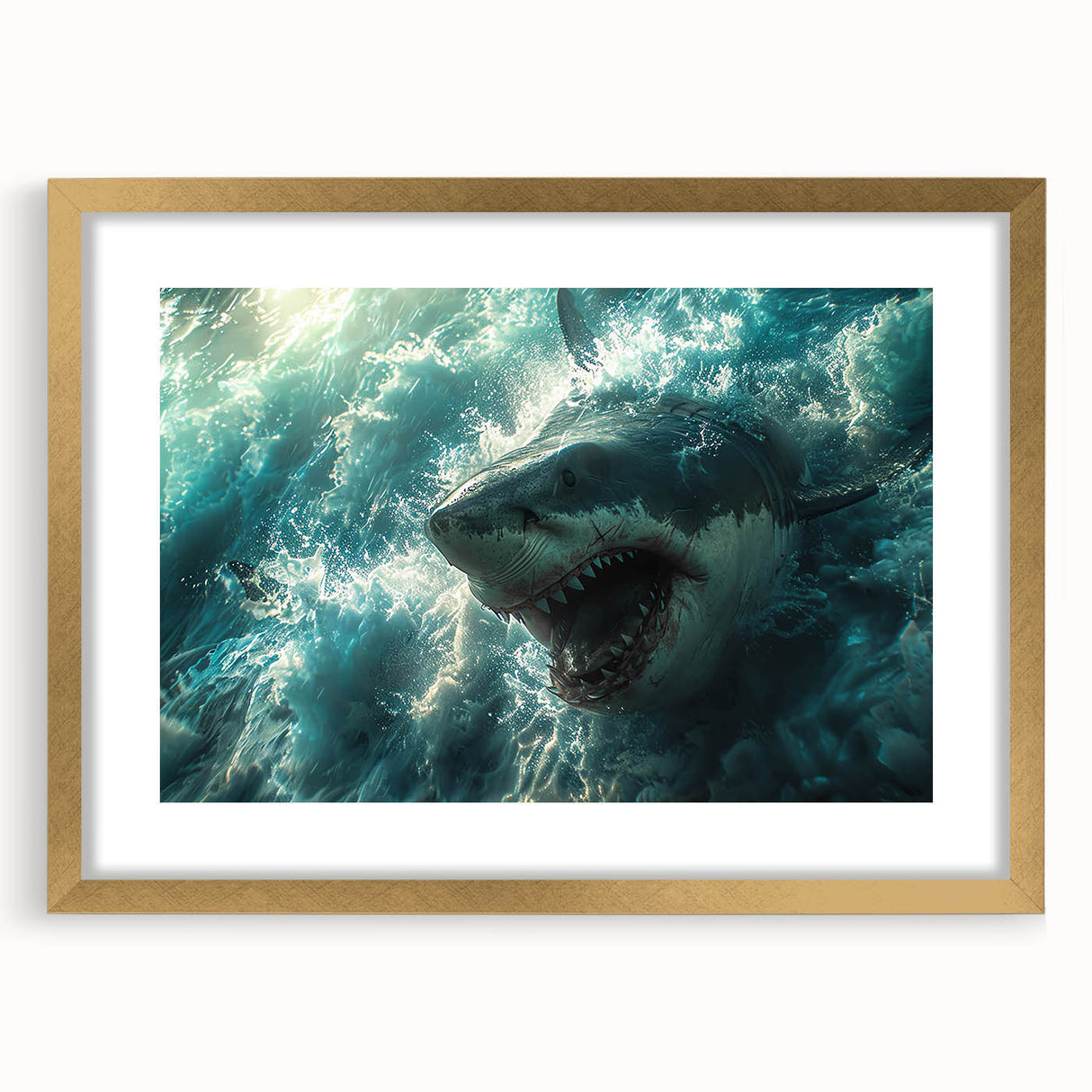 Framed wall art showcasing a marine life shark design in vibrant colors, featuring a gold mat and frame, perfect for ocean-themed home decor.