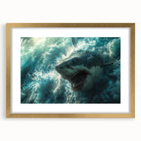 Framed wall art showcasing a marine life shark design in vibrant colors, featuring a gold mat and frame, perfect for ocean-themed home decor.