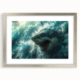 Framed wall art showcasing a sleek silver-framed marine life design featuring a shark, perfect for ocean-themed decor. Ideal for adding a touch of elegance to any space.