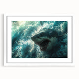 Framed wall art featuring a striking shark design against a white background, perfect for marine life enthusiasts. The artwork includes a mat for an elegant presentation.