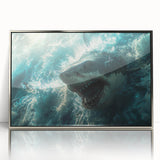 Framed wall art featuring a modern shark design in silver acrylic, showcasing vibrant marine life colors, perfect for ocean-themed decor and coastal aesthetics.