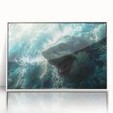 Framed acrylic wall art showcasing a vibrant marine life design featuring a shark, presented in a sleek white frame, perfect for ocean-themed decor.