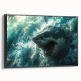 Framed canvas wall art showcasing a striking shark design, featuring a vibrant marine life illustration in bold colors, set against a black background.