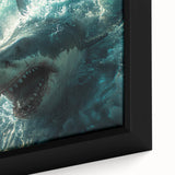 Close-up of framed canvas wall art showcasing a vibrant shark design, featuring shades of blue and grey, ideal for marine life enthusiasts and ocean decor.