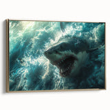 Framed canvas wall art featuring a striking shark design in gold tones, showcasing marine life in a contemporary style, perfect for ocean-themed decor.