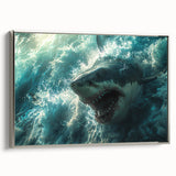 Framed wall art showcasing a striking shark design in ocean hues, ideal for marine life enthusiasts. The silver frame adds a modern touch to any decor.