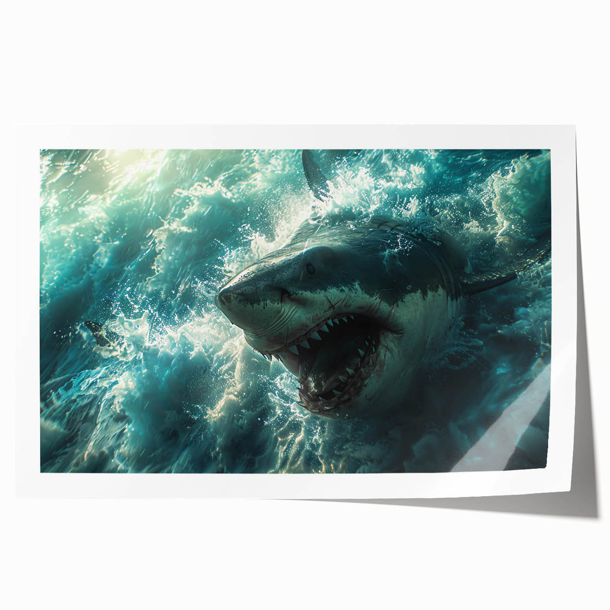 Colorful marine life wall art print showcasing a dynamic shark design, perfect for ocean-themed decor. Ideal for enhancing coastal interiors, this vibrant piece captures the beauty of underwater ecosystems.