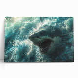 Stretched canvas wall art featuring a vibrant shark design, showcasing detailed marine life colors and textures, perfect for ocean-themed decor in modern interiors.