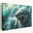 Stretched canvas wall art depicting a vibrant marine life design featuring a detailed shark illustration. The artwork showcases deep ocean colors, adding a dynamic touch to any coastal-themed decor. Perfect for ocean enthusiasts and modern interiors.