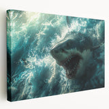 Stretched canvas wall art depicting a vibrant marine life design featuring a detailed shark illustration. The artwork showcases deep ocean colors, adding a dynamic touch to any coastal-themed decor. Perfect for ocean enthusiasts and modern interiors.