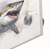 Close-up of a vibrant marine life wall art featuring a shark design, showcasing intricate details and bold colors on acrylic glass, perfect for ocean-themed decor.