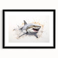 Black-framed wall art showcasing a striking shark design in vibrant colors, ideal for marine-themed decor. Perfect for ocean lovers and home accents.