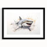 Black-framed wall art showcasing a striking shark design in vibrant colors, ideal for marine-themed decor. Perfect for ocean lovers and home accents.