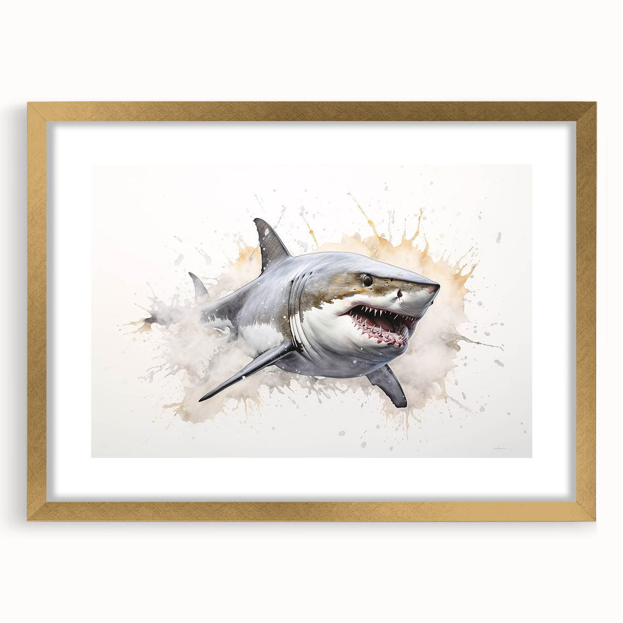 Gold-framed wall art featuring a striking marine life shark design, showcasing vibrant colors and intricate details, perfect for ocean-themed decor.