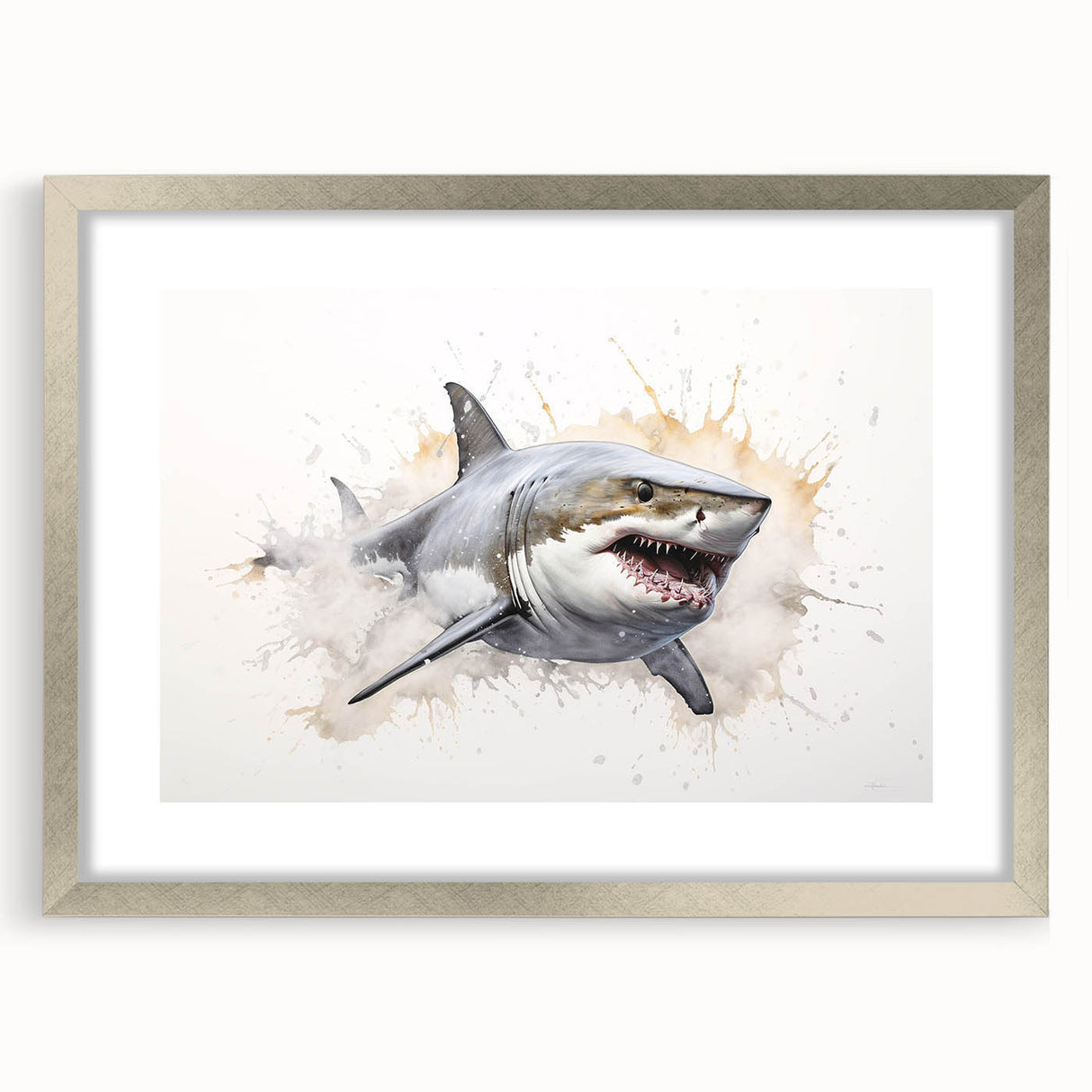 Framed wall art collection showcasing a striking silver mat design featuring marine life and a shark illustration, perfect for ocean-themed decor.