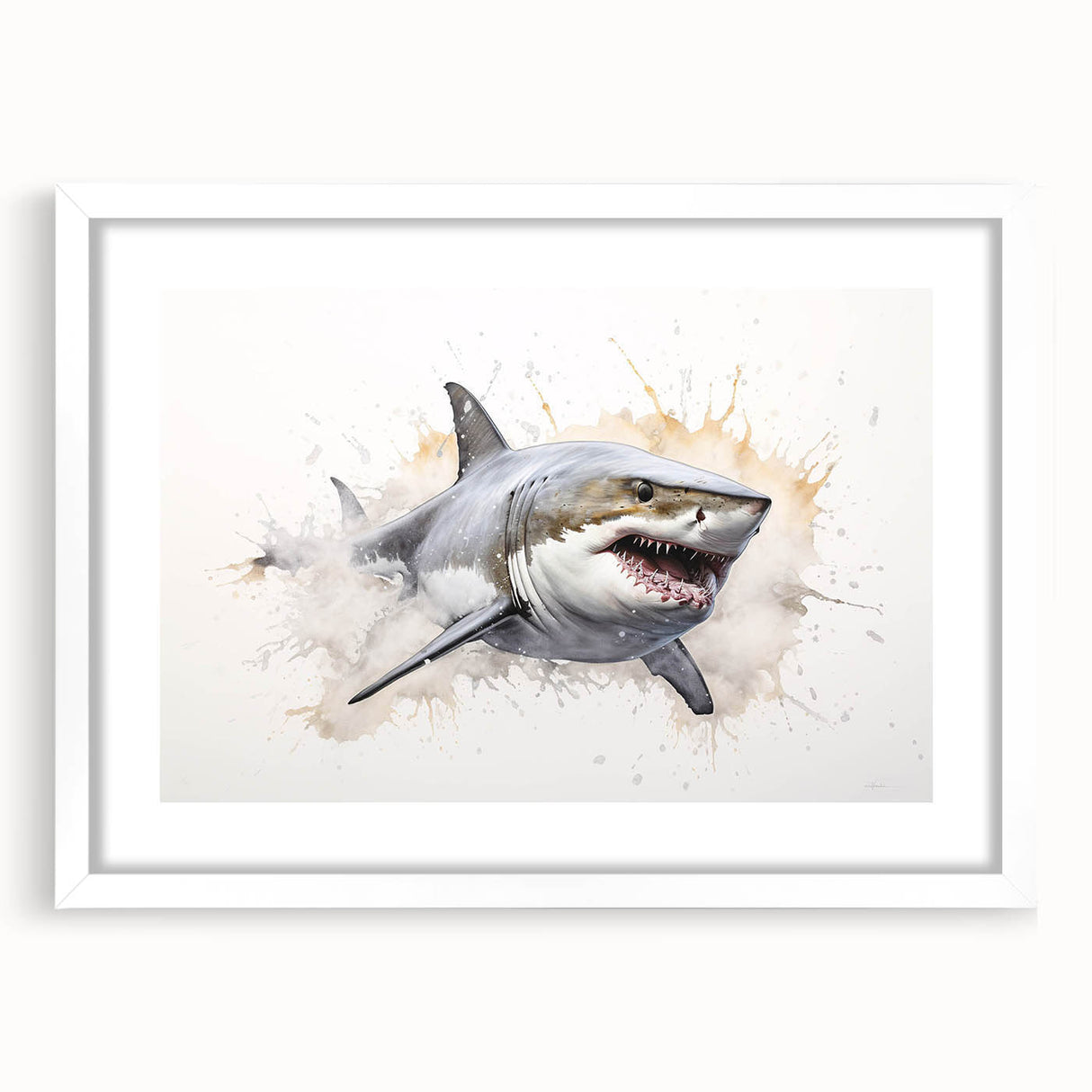 Framed wall art featuring a vibrant marine life shark design, showcasing intricate details of the shark against a white mat background, perfect for ocean-themed decor.