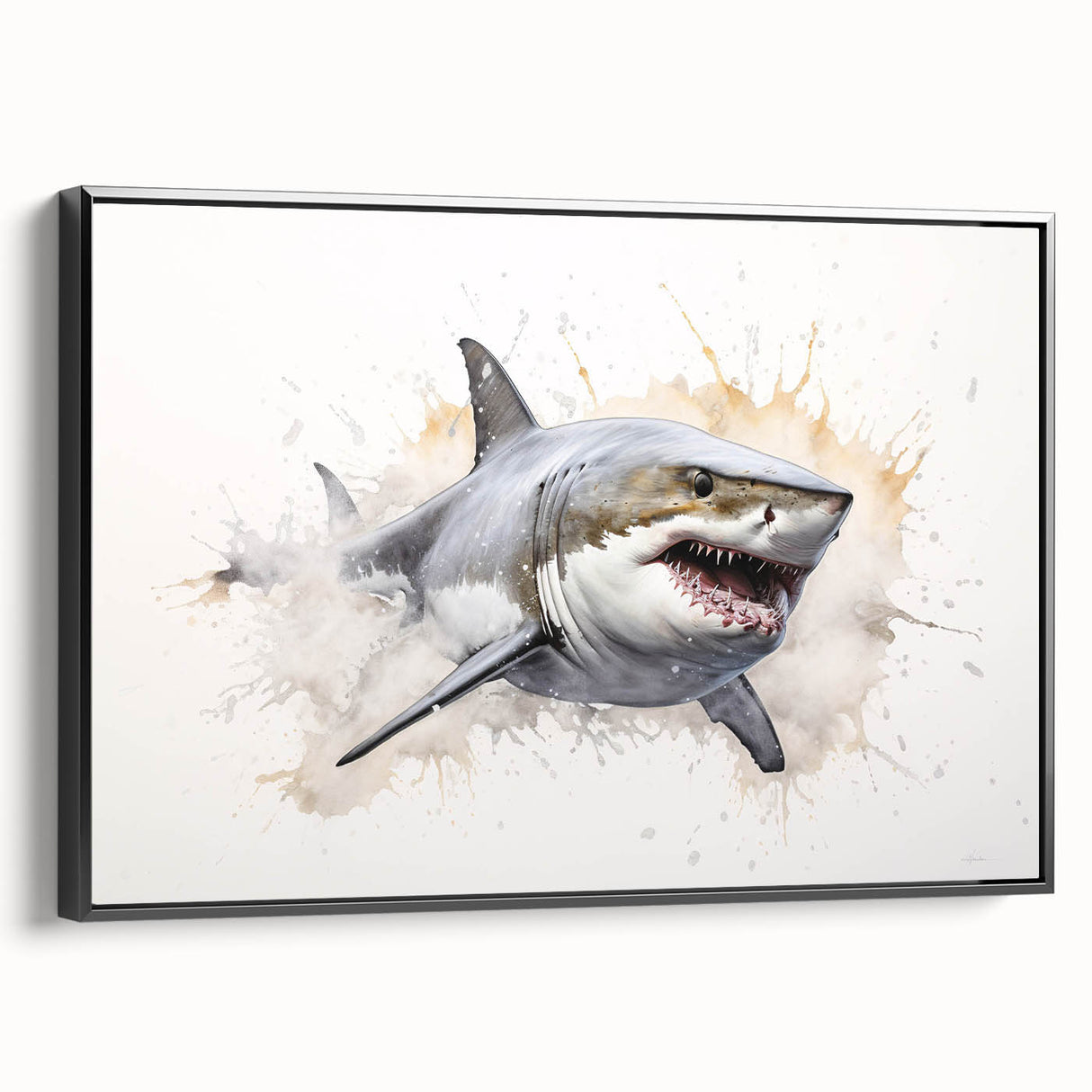 Framed wall art showcasing a detailed marine life design featuring a shark, presented in a sleek black frame, ideal for ocean-themed decor and nature lovers.