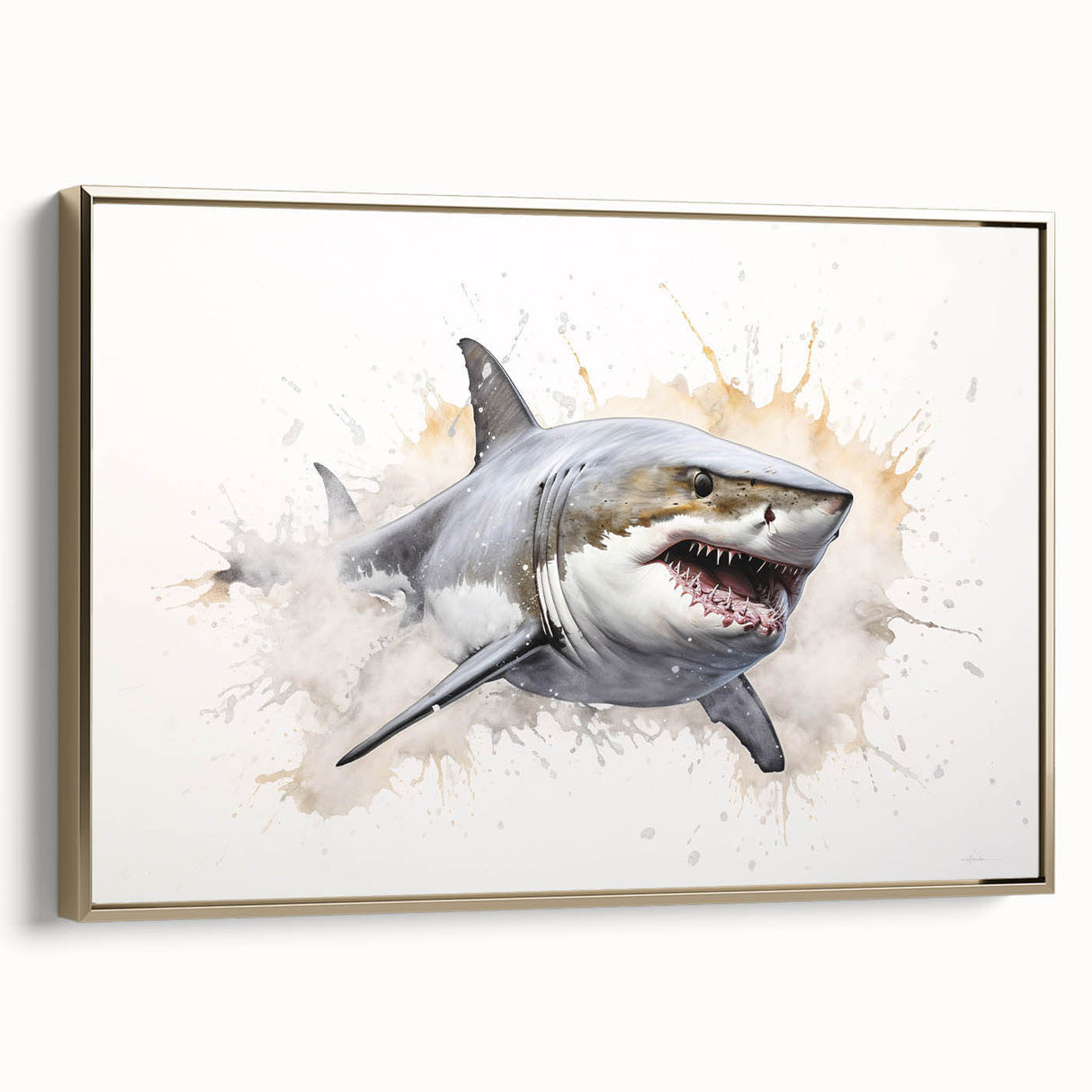 Framed wall art showcasing a striking shark design set against a vibrant underwater scene, featuring gold accents and a sleek side view, perfect for marine life enthusiasts.