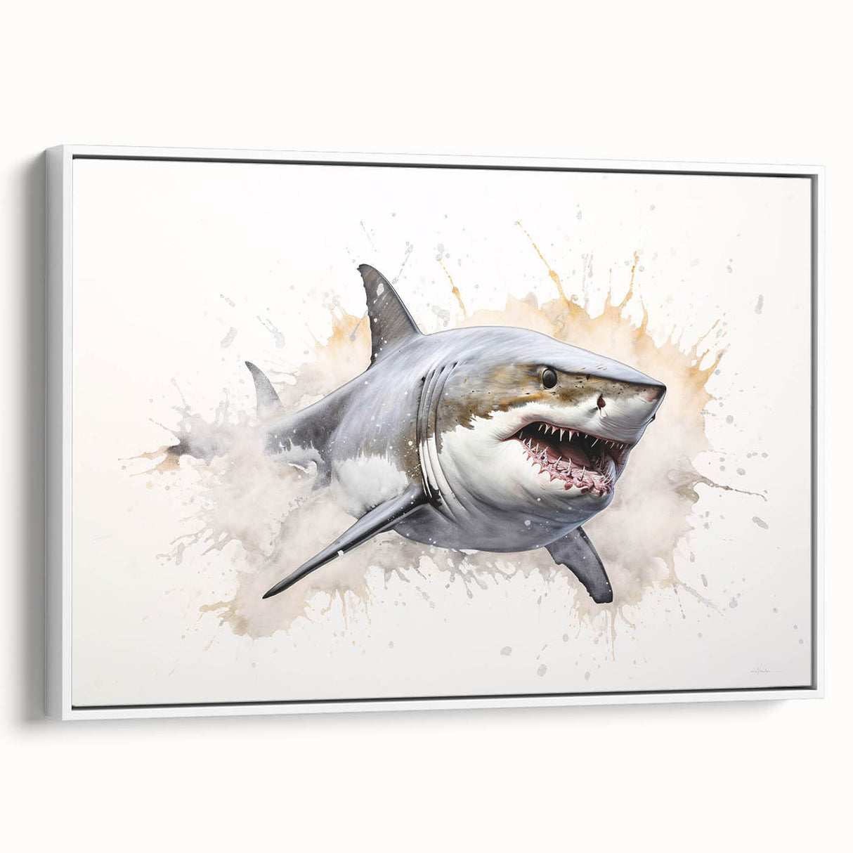 Framed canvas wall art featuring a vibrant marine life design with a shark, showcasing intricate details and a sleek white frame, perfect for ocean-themed decor.