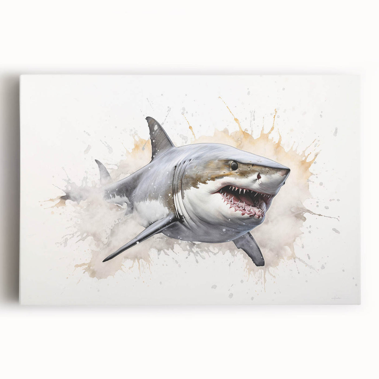 Vibrant stretched canvas wall art showcasing a detailed shark design, perfect for marine life enthusiasts, featuring bold colors and intricate details, ideal for home decor.