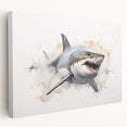Stretched canvas wall art showcasing a vibrant shark design, featuring intricate marine life details, ideal for ocean-themed decor in living spaces.