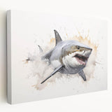 Stretched canvas wall art showcasing a vibrant shark design, featuring intricate marine life details, ideal for ocean-themed decor in living spaces.