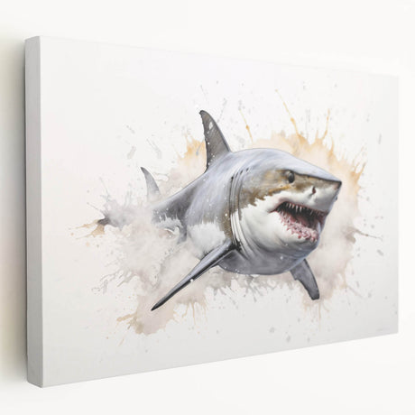 Stretched canvas wall art showcasing a vibrant shark design, featuring intricate marine life details, ideal for ocean-themed decor in living spaces.